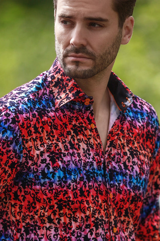 Tie-Dye Floral Flocking Shirt with Luxury Textured Finish