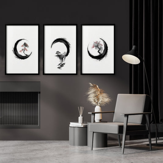 Traditional Japanese Wall Art | Enso Circle Ink Brush Zen Prints | Set of 3