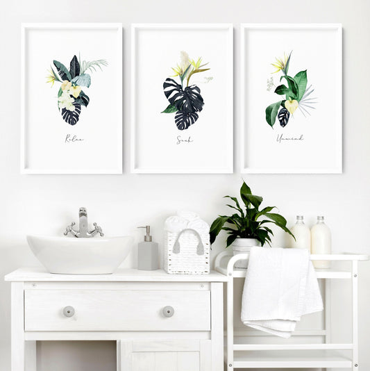 Decoration for bathroom walls | Set of 3 Tropical wall art