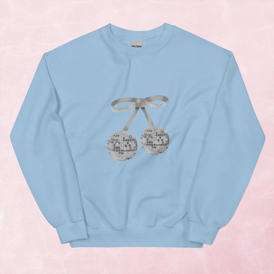 Cool hand illustrated silver cherry bow disco ball unisex graphic sweatshirt jumper