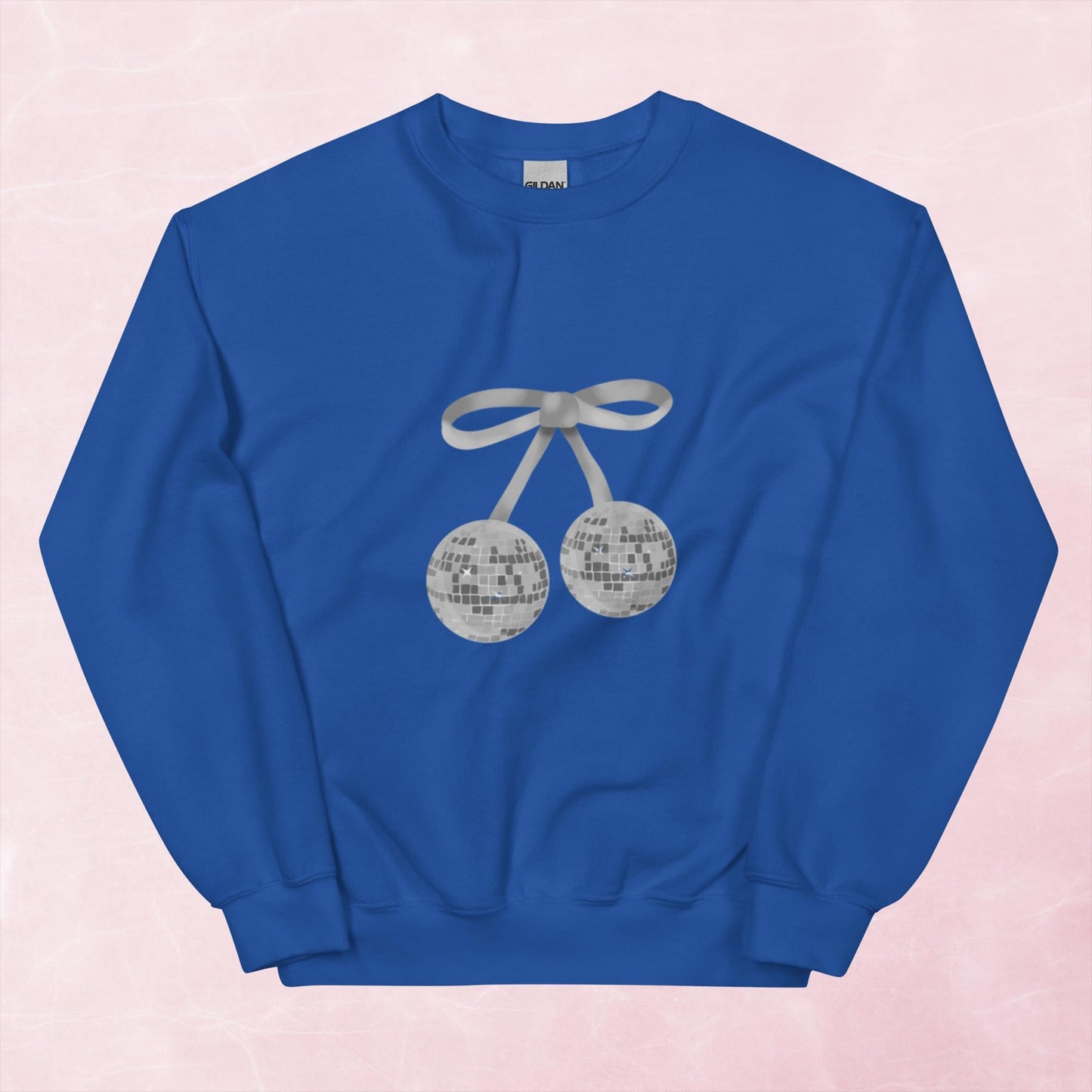 Cool hand illustrated silver cherry bow disco ball unisex graphic sweatshirt jumper