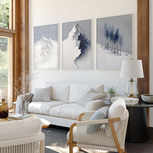 Unusual Wall Art for Living Room Scandi Nordic Mountain Landscape Grey White Blue Art Prints | Set of 3