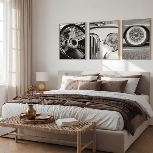 Vintage Posters Classic Car Detail Black & White Photography Wall Art Prints | Set of 3