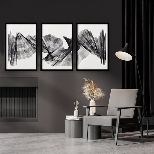 Wall Abstract Painting Charcoal Flowing Waves Minimalist Art Prints | Set of 3
