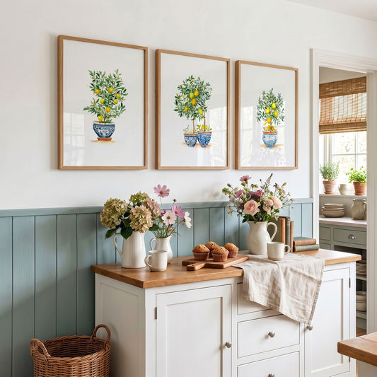 Wall Accessories for Kitchen Watercolour Lemon Tree Blue Pot French Country Art Prints | Set of 3