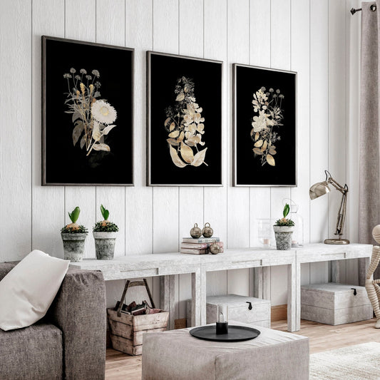 Wall art gold | set of 3 Floral wall art for living room
