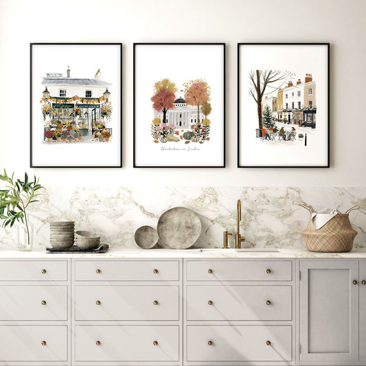 Wall Decor for a Kitchen London Travel Scenes | "Wintertime in London" Terracotta & White Art Prints | Set of 3
