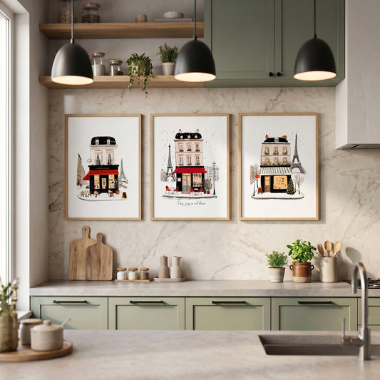 Wall Picture Kitchen Paris Street Café Scene Beige, Black & Red Art Prints | "Paris sous un ciel d'hiver" | Set of 3