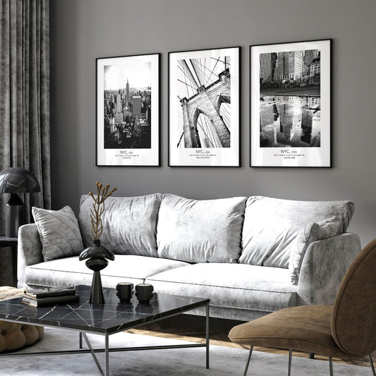 White and black art | set of 3 New York living room wall art