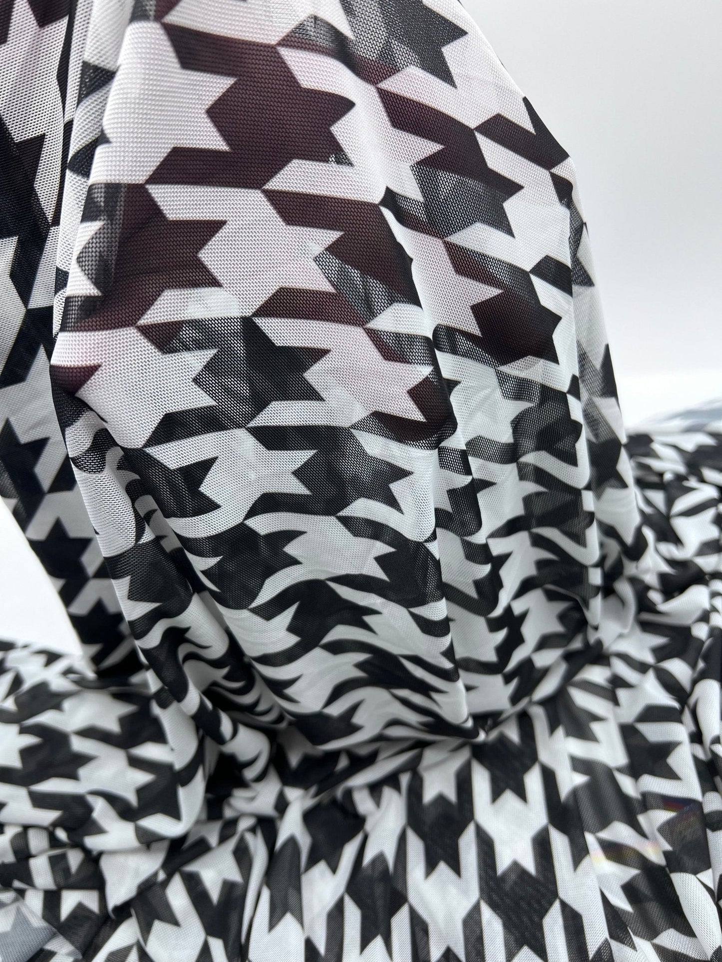 White Black Dogtooth Mesh Fabric Stretch
