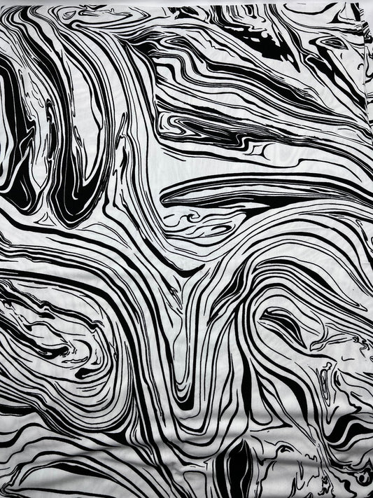 White Black Paint Print Viscose Elastane Fabric