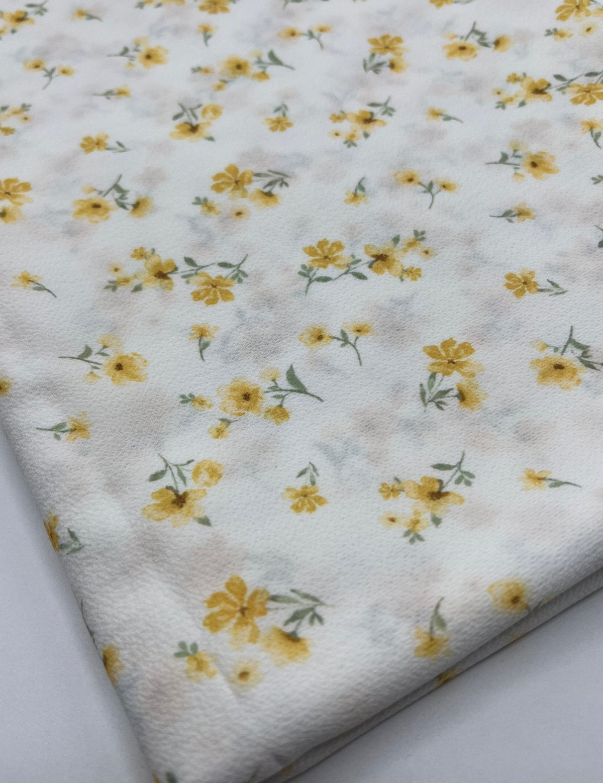 White Ditsy Yellow Floral Print Lightweight Bubble Crepe Fabric