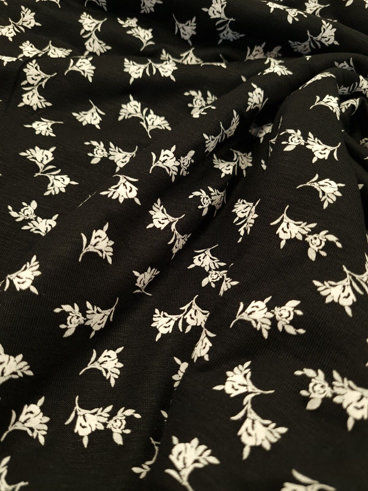 White Flower Small Print Black Viscose Elastane Fabric