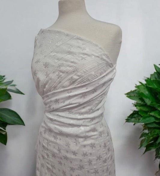 White Shiny Floral Crinkled Lightweight Non Stretch Woven Fabric