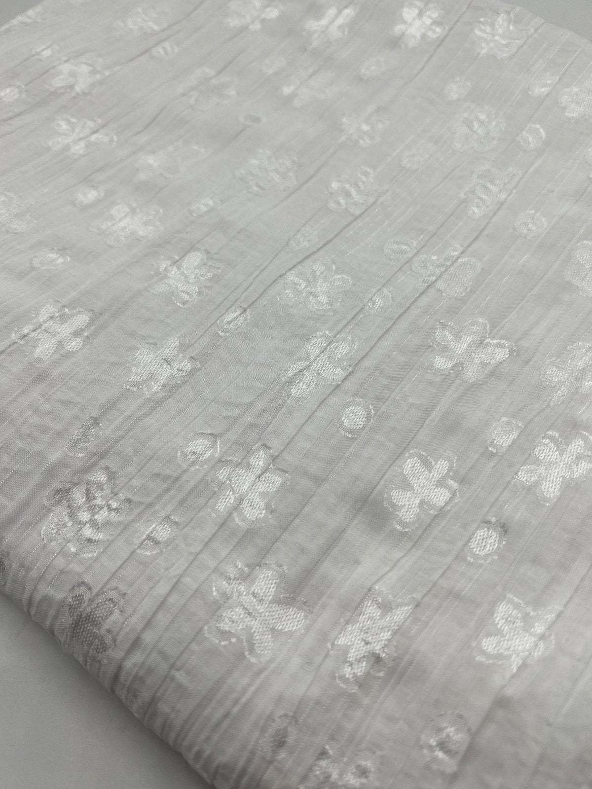 White Shiny Floral Crinkled Lightweight Non Stretch Woven Fabric