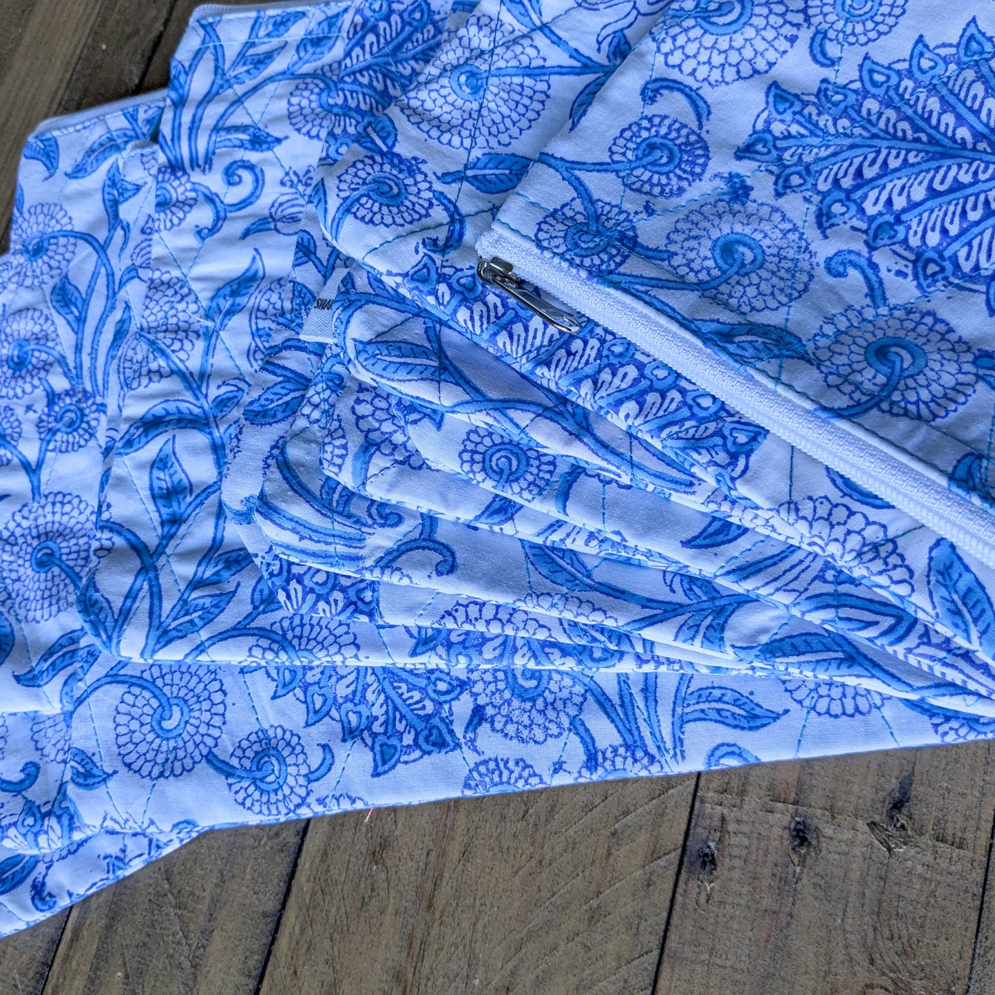 Quilted Block-Printed Zipper Pouch with Tassel