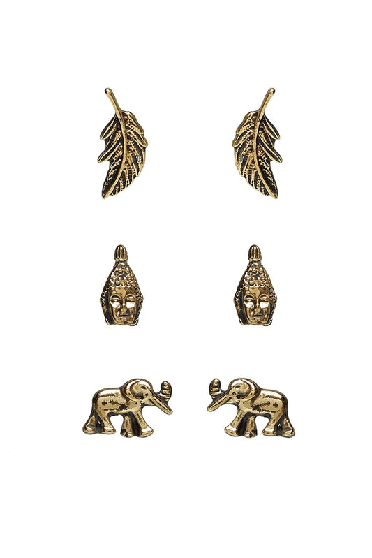 Wilder 3 Pack Elephant Tribal Gold Earrings