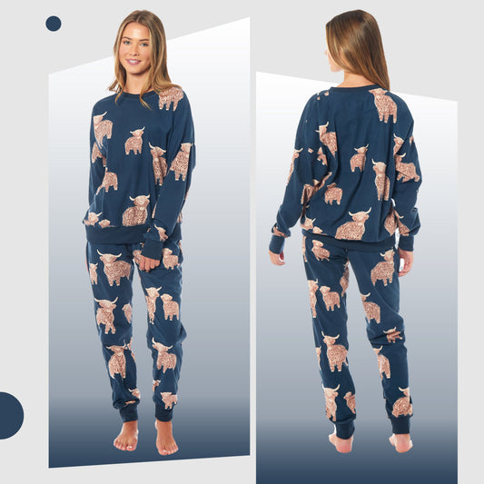 OLIVIA ROCCO Women's Fleece Pyjama Set Highland Cow Print Long Sleeve Soft Warm Sleepwear Loungewear By Daisy Dreamer For Ladies