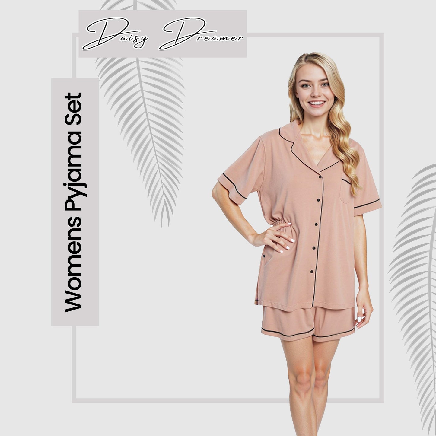 Women's Natural Short Pyjama Set Super Soft Sleepwear Nightwear Button Up Top and Shorts with Pockets PJs by Daisy Dreamer