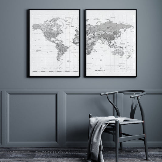 World Map Prints Grey Detailed Cartography Diptych | Set of 2