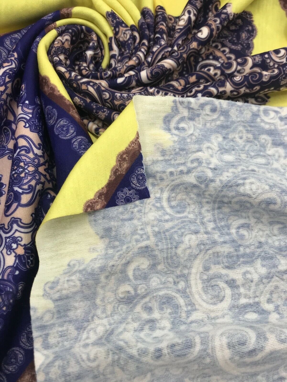 Yellow & Blue Damask Style Print Polyester Stretch Jersey