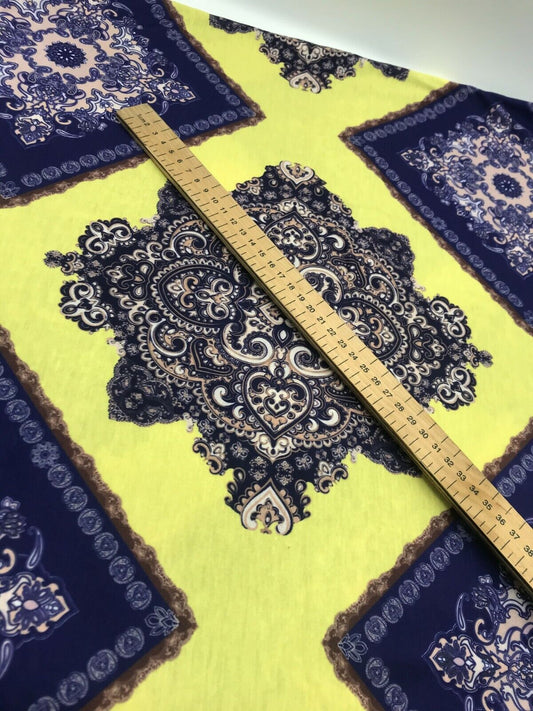 Yellow & Blue Damask Style Print Polyester Stretch Jersey