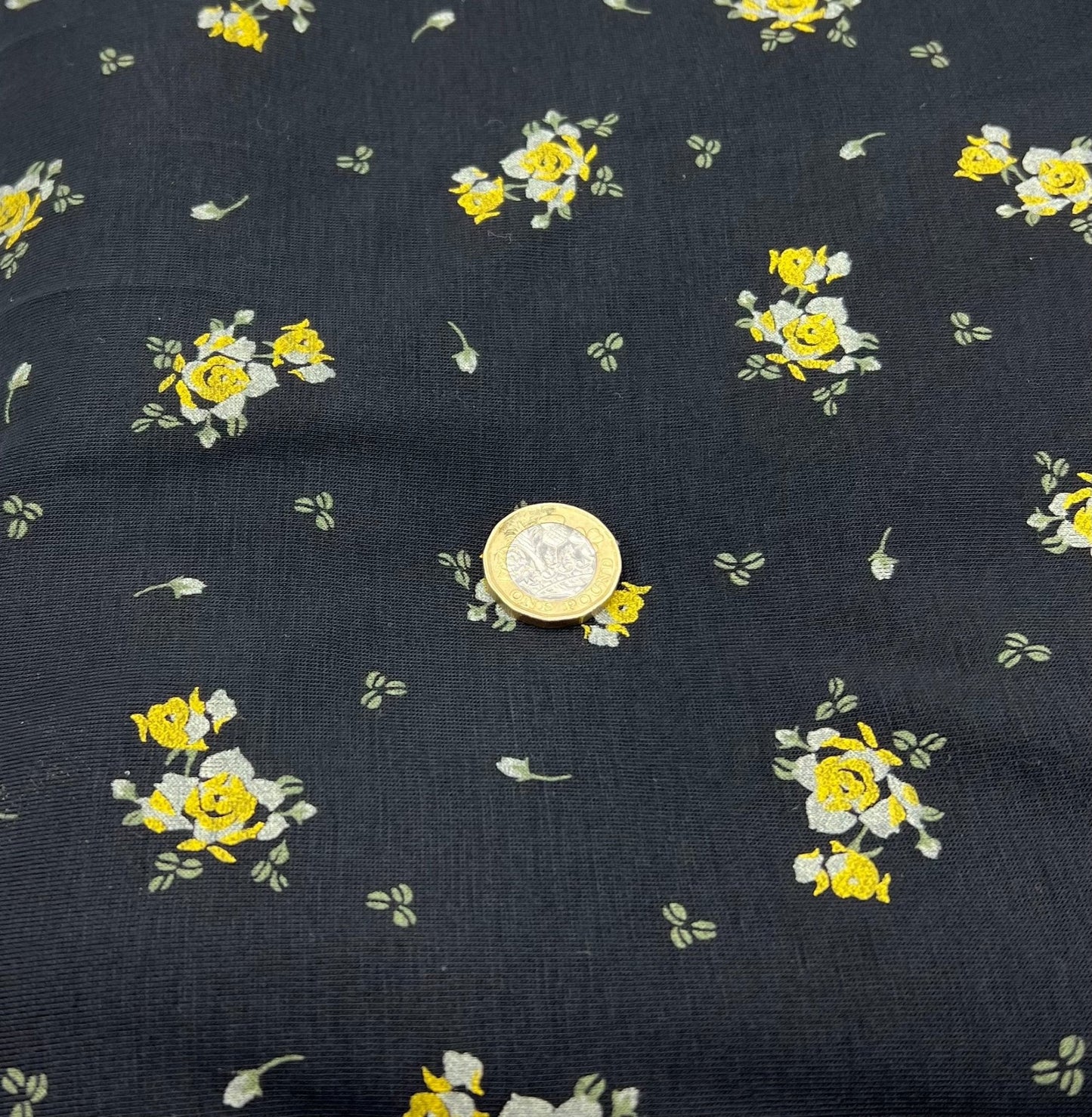Yellow Flower On Black Print Viscose Elastane Fabric