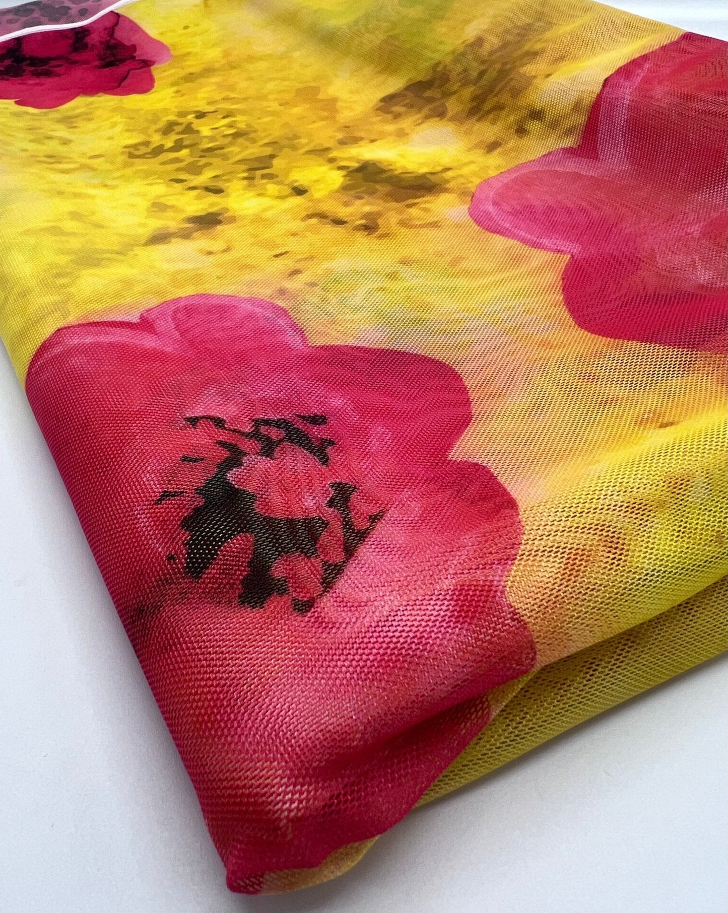 Yellow Pink Floral Mesh Fabric Stretch
