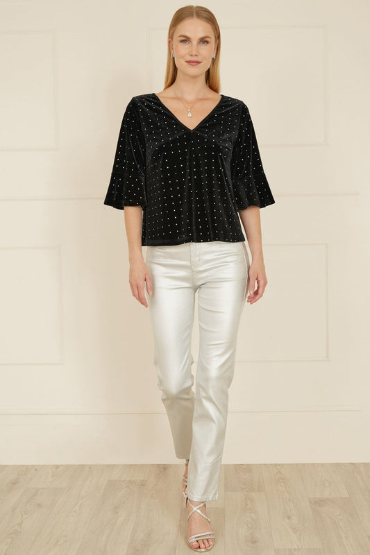 Yumi Black Stud Velvet Relaxed Fit Top With Fluted Sleeves