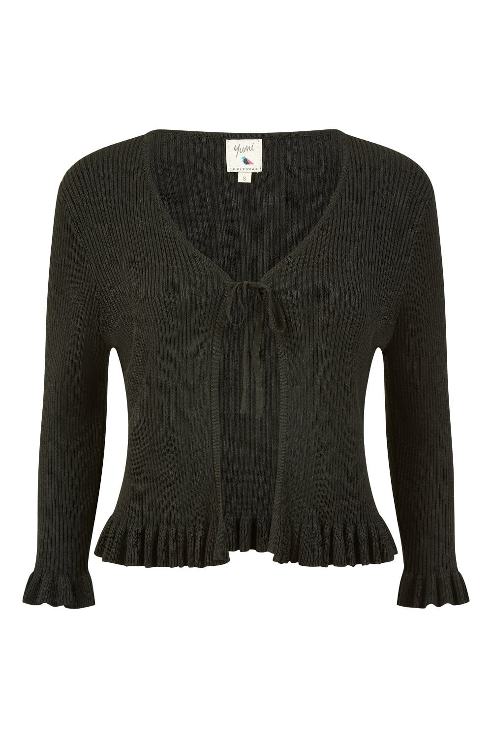 Yumi Black Tie Up Ribbed Cardigan With Frill Hem