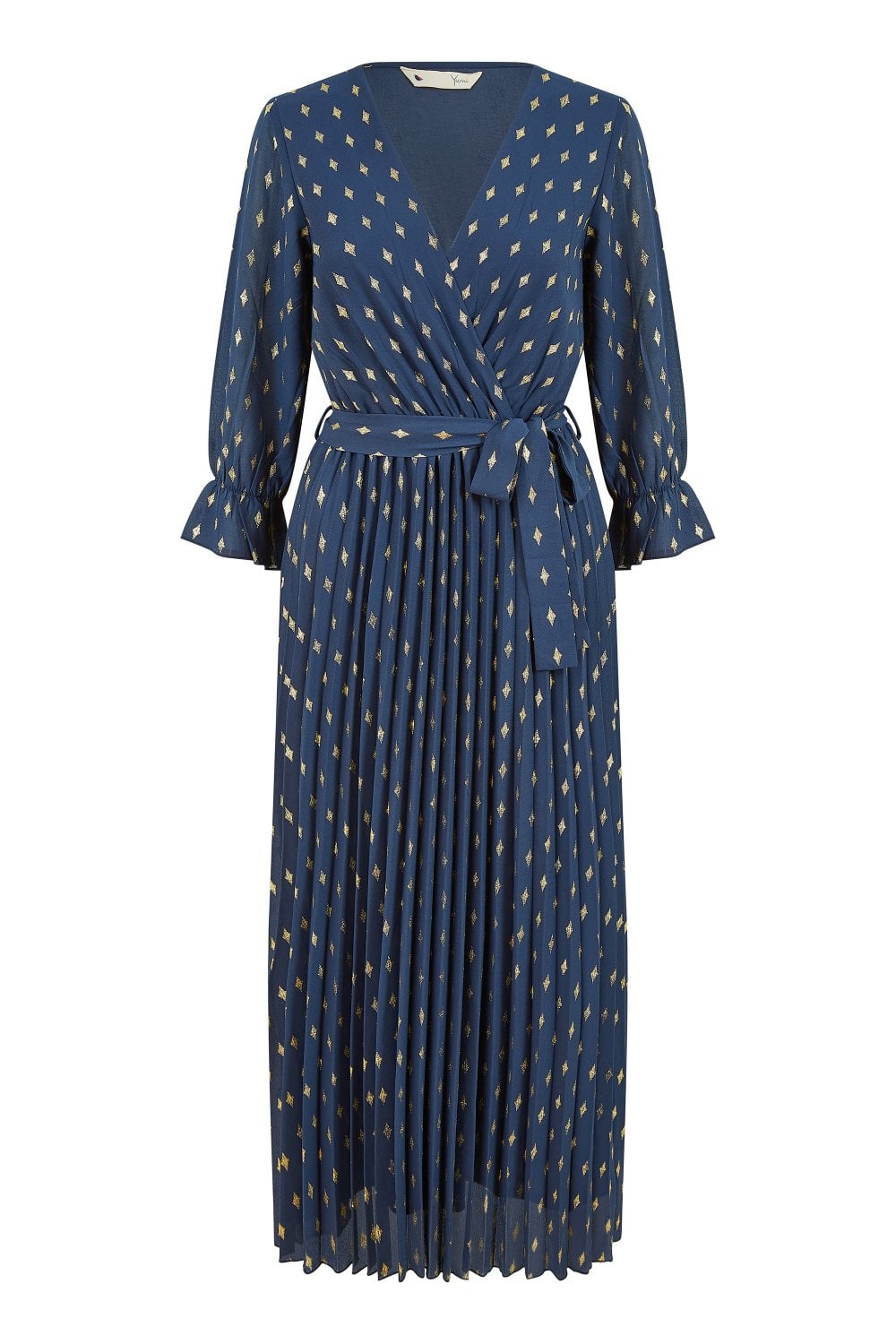 Yumi Navy Foil Printed Pleated Wrap Midi Dress