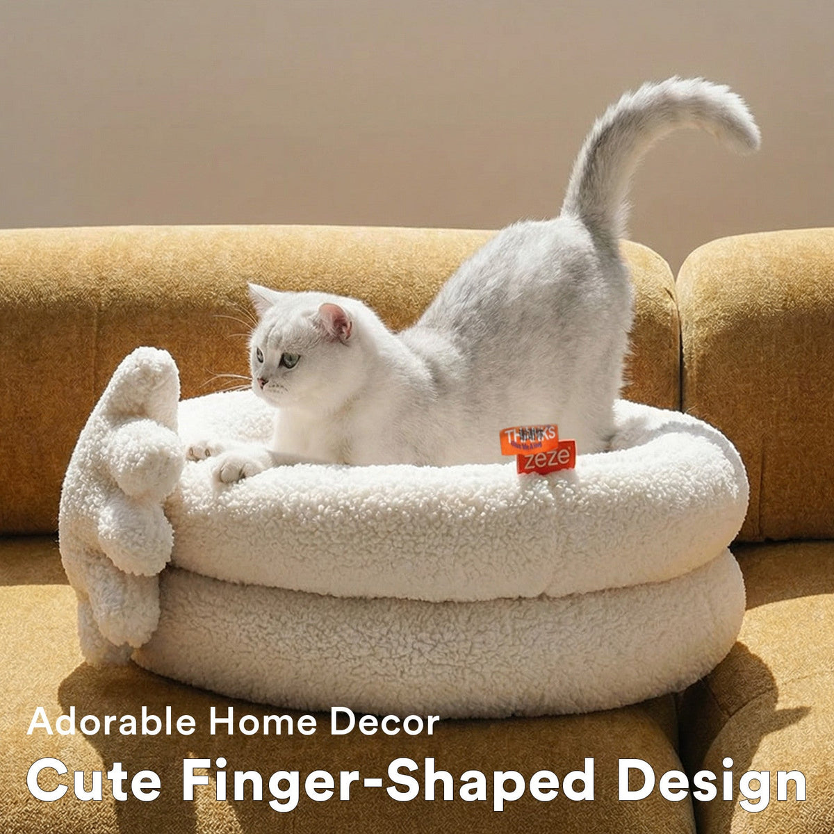 zeze Thank You Pet Bed — Cream Plush Bed with Hugging Hand