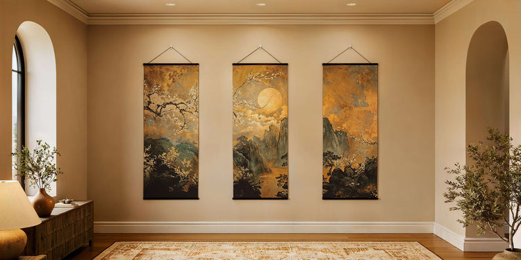 Bobbi Beck Printworks tapestries displayed in a warm neutral interior