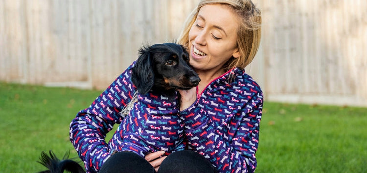 Hugo and Ted matching handmade fleece clothing for dog and owner