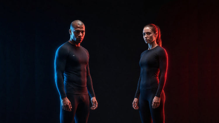Male and female models wearing KYMIRA infrared performance clothing with dramatic red and blue lighting against a dark background.