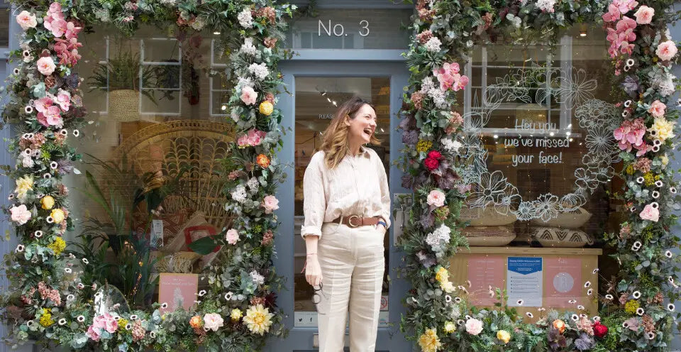 Lisa Angel Norfolk shopfront decorated with colourful flowers