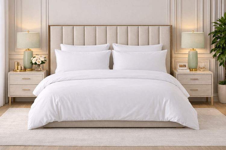 Lost Loom luxury white bamboo bedding on an upholstered bed
