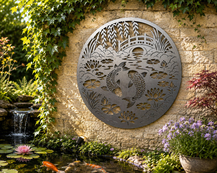 L V Bespoke laser-cut metal koi pond garden wall art displayed on a stone wall beside a landscaped pond