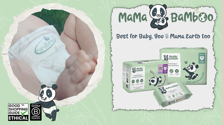 Mama Bamboo sustainable bamboo nappies and baby wipes with brand logo on a soft green background