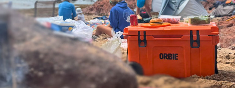 Orange Orbie camping cool box at a beach campsite with food and drinks