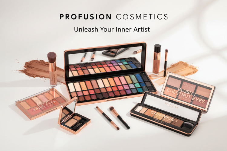 Profusion Cosmetics makeup collection with eyeshadow palettes, contour makeup and brushes