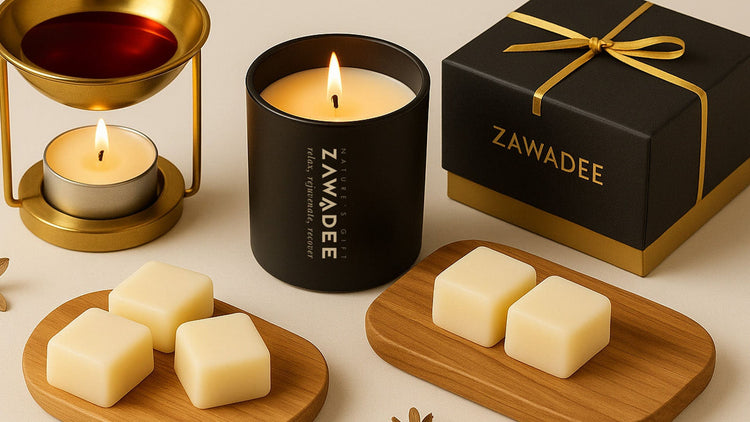 Zawadee luxury home fragrance with scented candle, wax melts and gift box
