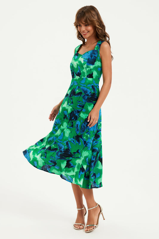 Abstract Floral Print Heart Neck Midi Green