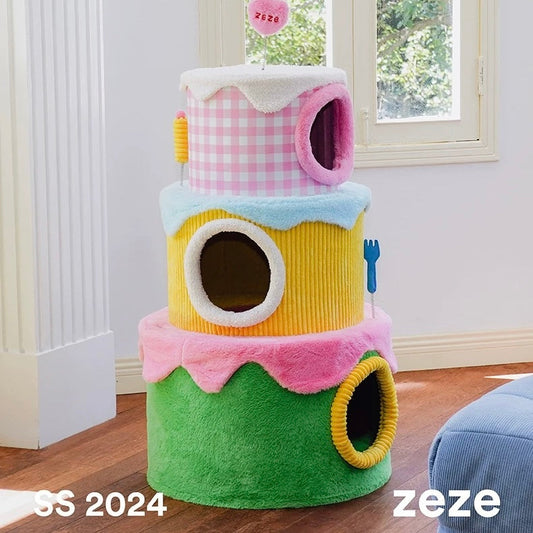 zeze Cream Three-Layer Cake Cat Tree — 110 cm Plush Cat Condo with Hideaways