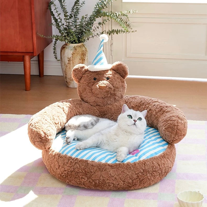 zeze Sleepy Nick Bear Pet Sofa — Plush Bear Bed with Striped Cushion