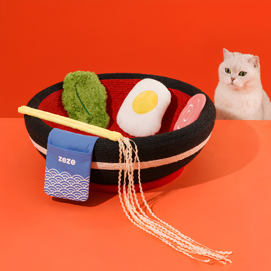 zeze Big Ramen Bowl Cat Scratcher — 48 cm Rope Bowl with Plush Toppings