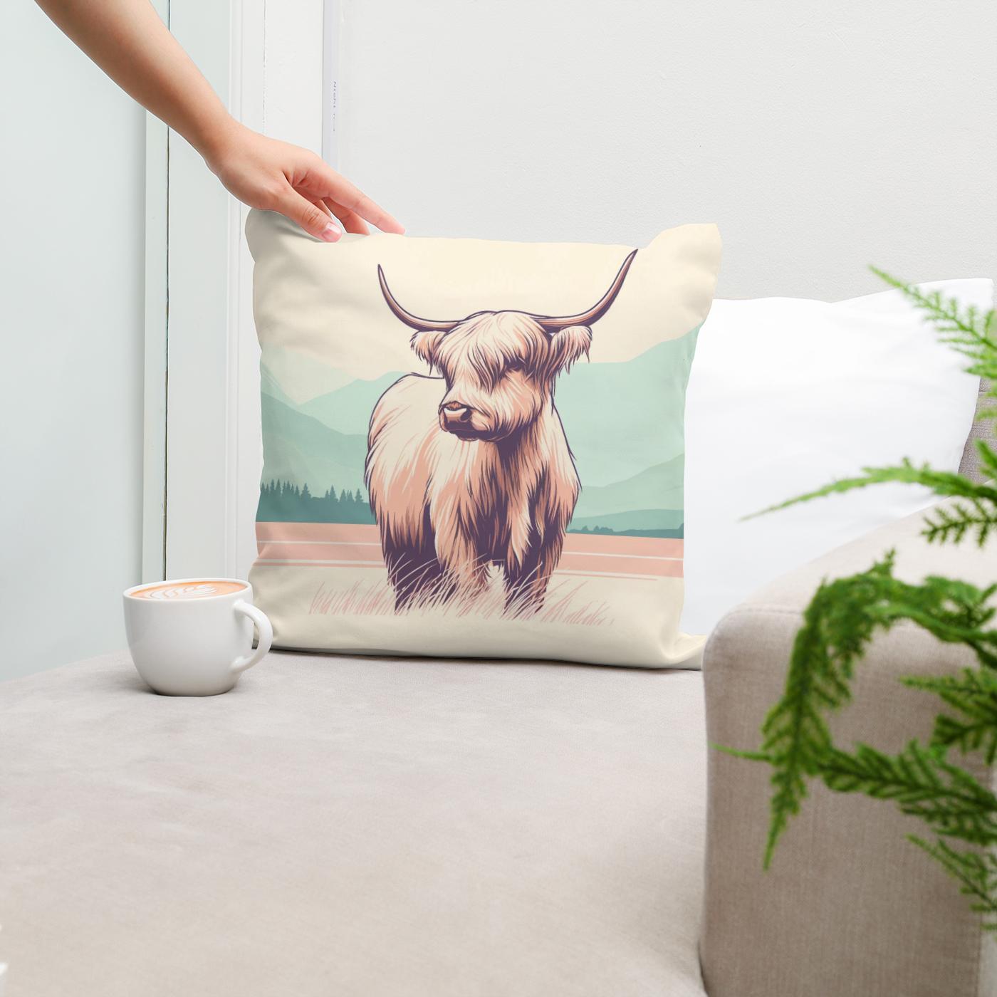 Pastel Highland Cow Minimalism Cotton Cushion
