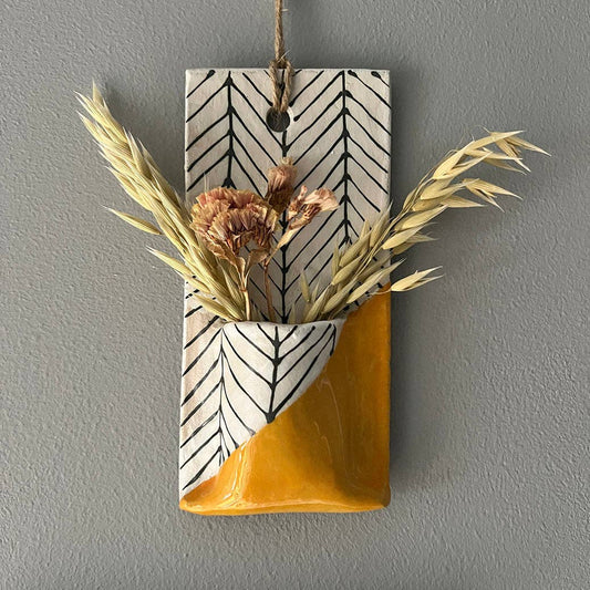 Mustard Herringbone Ceramic Hanging Vase