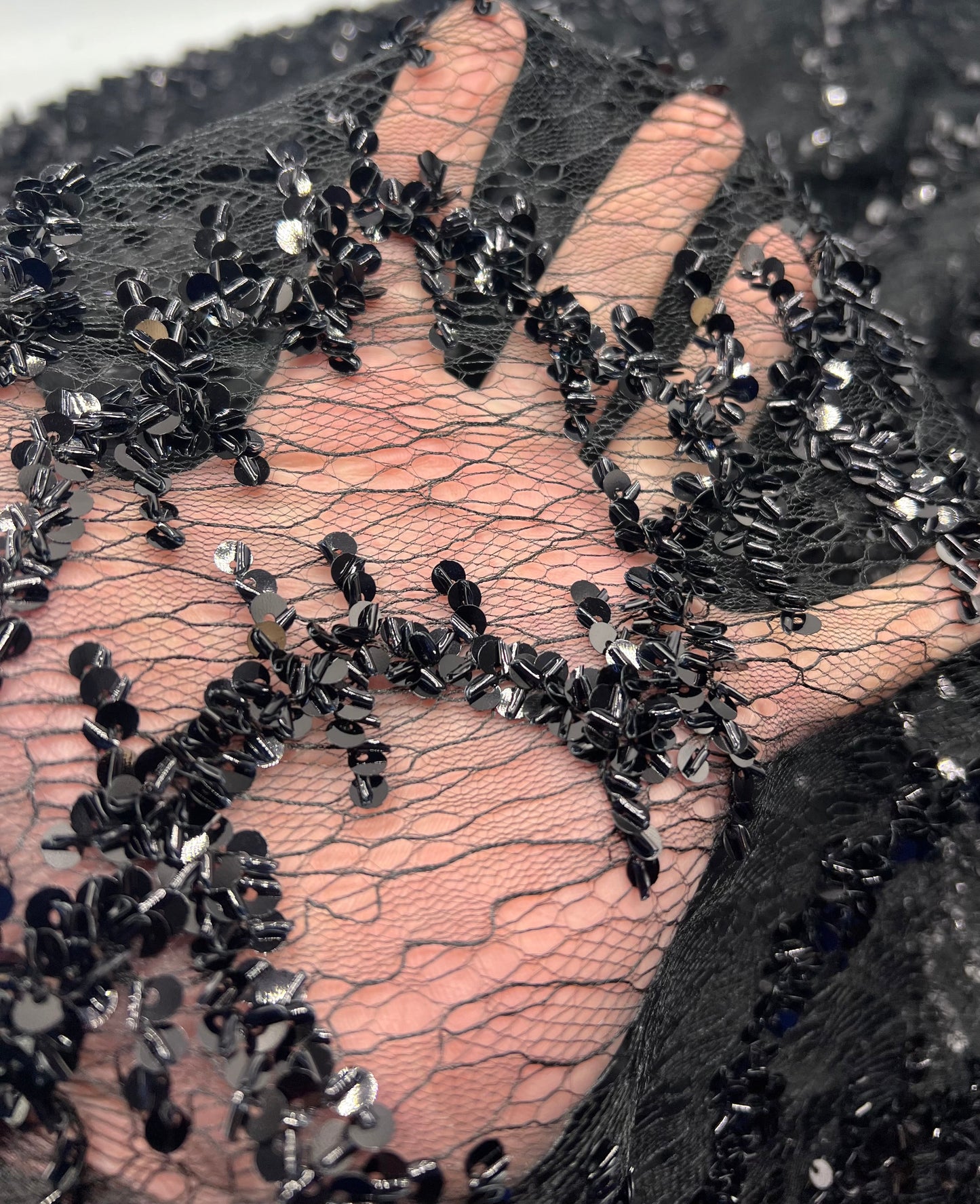 Black Sequin Detail Textured Mesh Stretch Fabric
