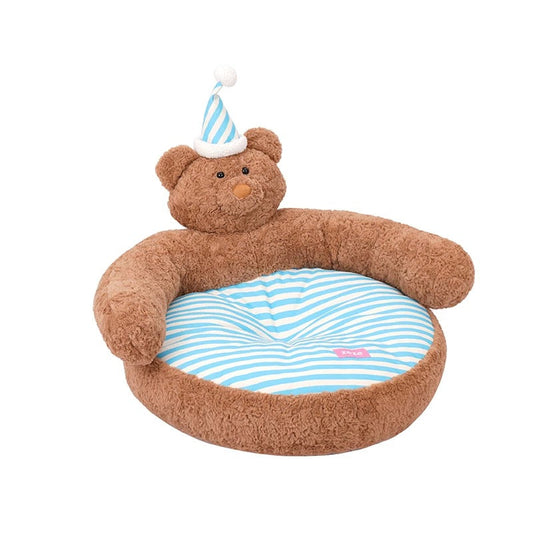 zeze Sleepy Nick Bear Pet Sofa — Plush Bear Bed with Striped Cushion